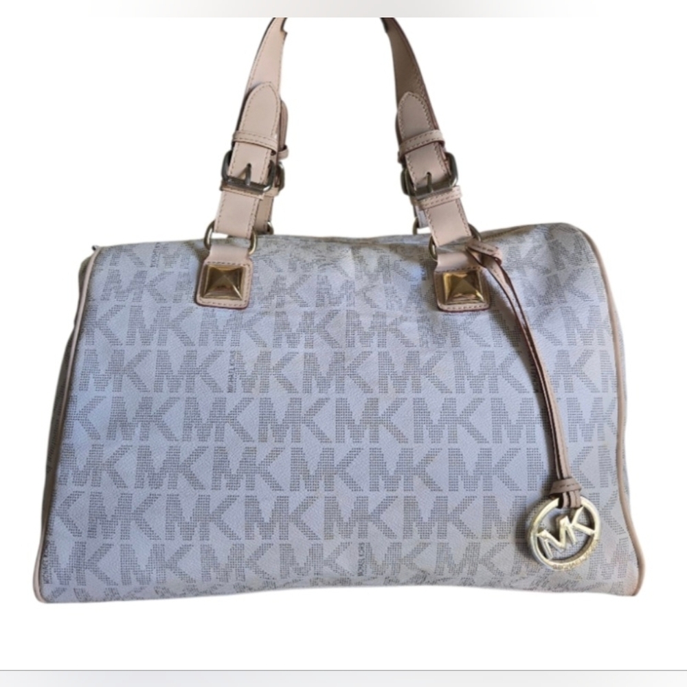 Michael Kors Light Beige MK Logo Satchel with Gold Hardware
